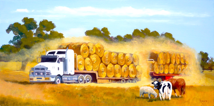Hay Bales on B-Double Truck with Animals - Click Image to Close