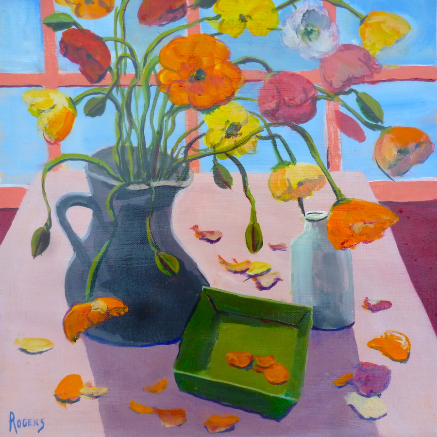 Poppies with bottle and dish
